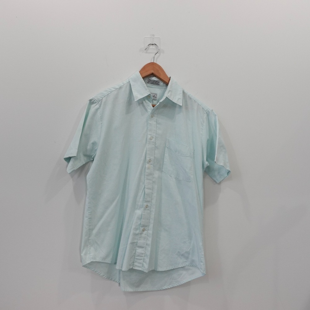 Vintage 90s Preppy Mint Blue Dress Shirt Mens 15.5 Pinstripe Summer ROBERT ALAN